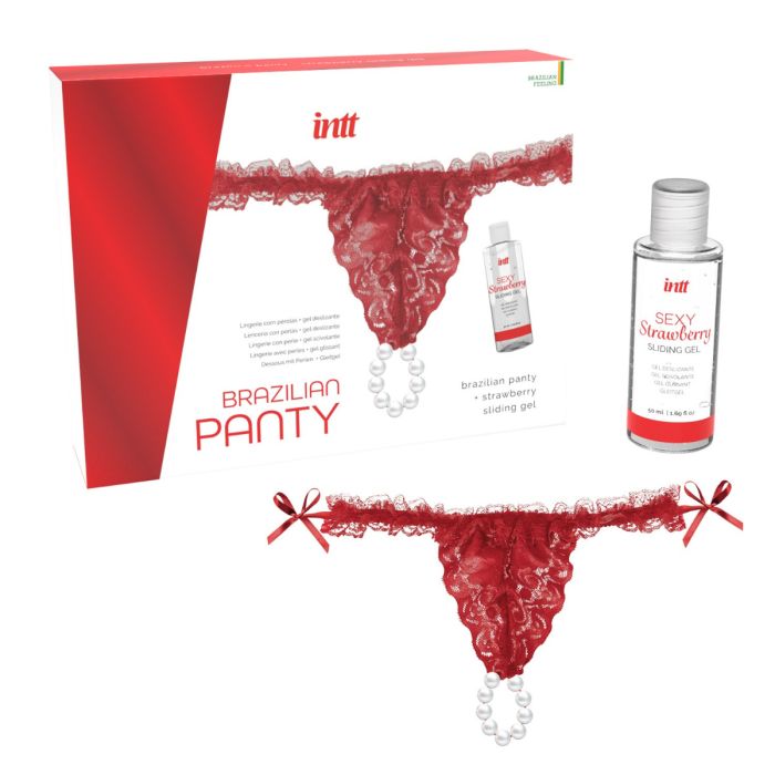 Conjunto Cuecas Brasileiras Vermelhas C/ Pérolas & Gel Lubrificante Morango Intt (50 ml)